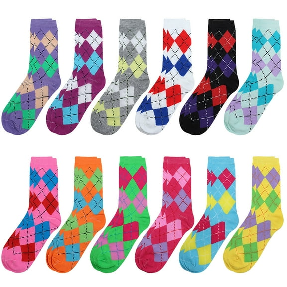 12 Pairs Women's Crew Socks Fancy Novelty Designed Size 9-11 Multicolor Assorted Argyle