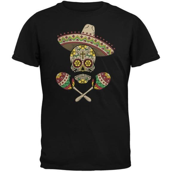 Cinco de Mayo - Sombrero Skull Maracas Crossbones Black Adult T-Shirt - Large