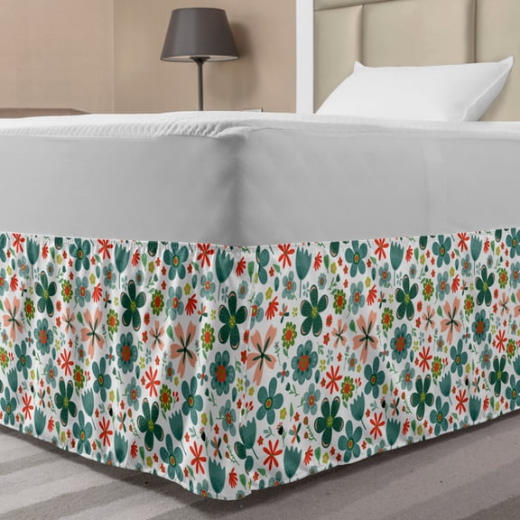 Spring Bed Skirt, Childish Pattern with Folk Flowers, Elastic Bedskirt Dust Ruffle Wrap Around for Bedding Decor, 4 Sizes, Teal Vermilion, by Ambesonne