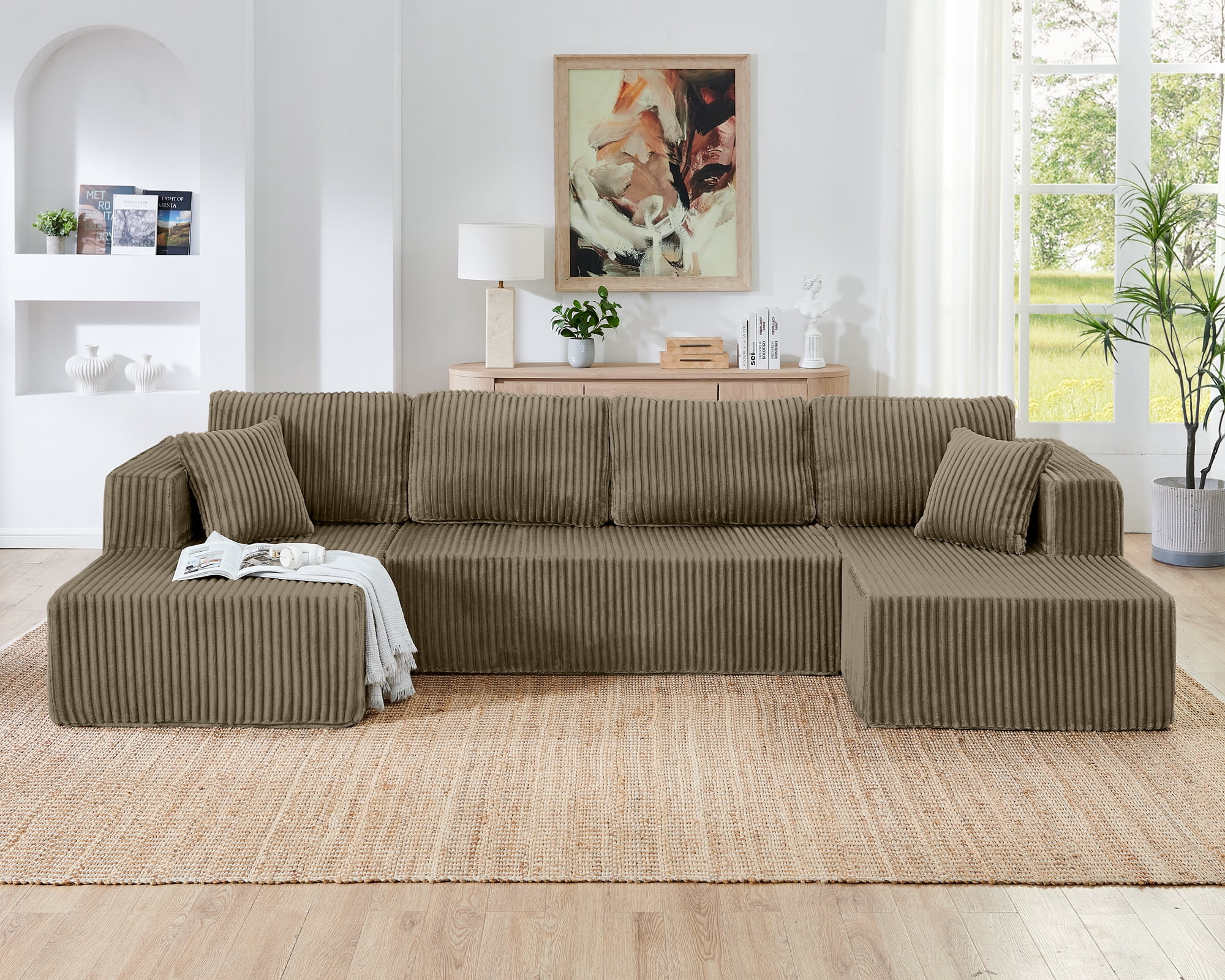 132" U-Shape Modular Sectional Sofa,Modern Compressed Sectional Sofa,Corduroy Sleeper Sofa Couch for Living Room,Bedroom,Brown