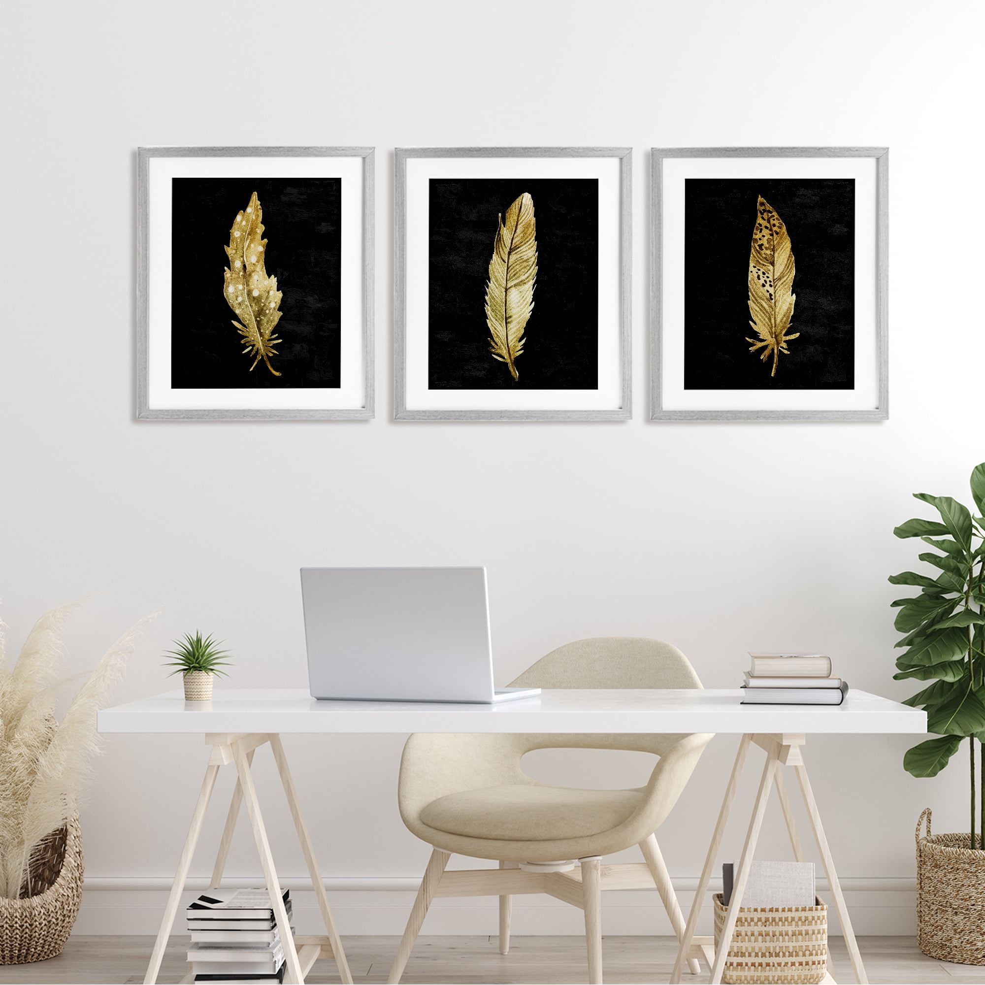 Black & Gold Feathers 3 Piece Gray Framed Print Under Glass Set, design by Kim Allen