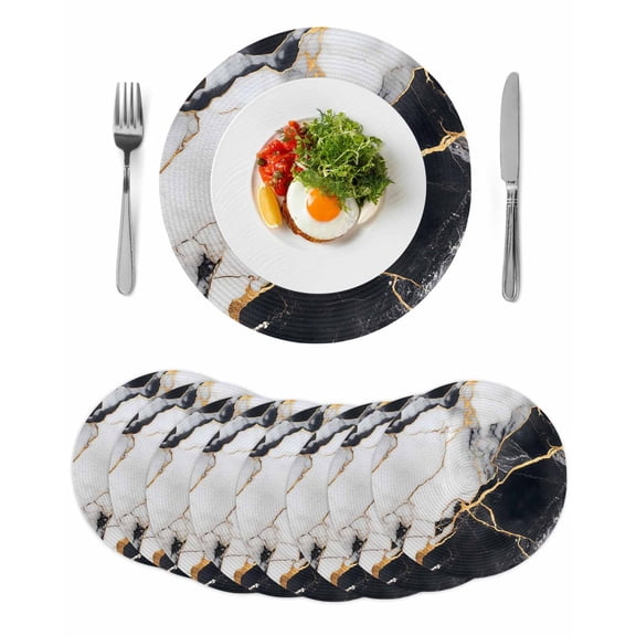 Marble Black Round 13 Inch Placemats Set of 8, Abstract Gold White Brick Stone Motif HeatResistant Non Slip Place Mats for Dining Table, Wipeable Braided Kitchen Table Mats for Housewarming