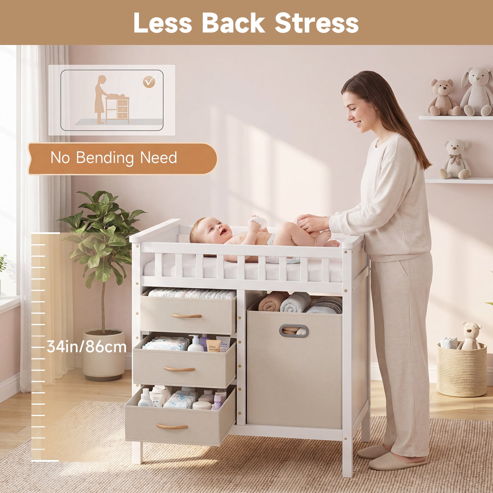 INFANS Baby Changing Table, Wooden Diaper Station Dresser with 3 Fabric Drawers, Laundry Hamper, Safety Belt, Pad for Nursery Infant
