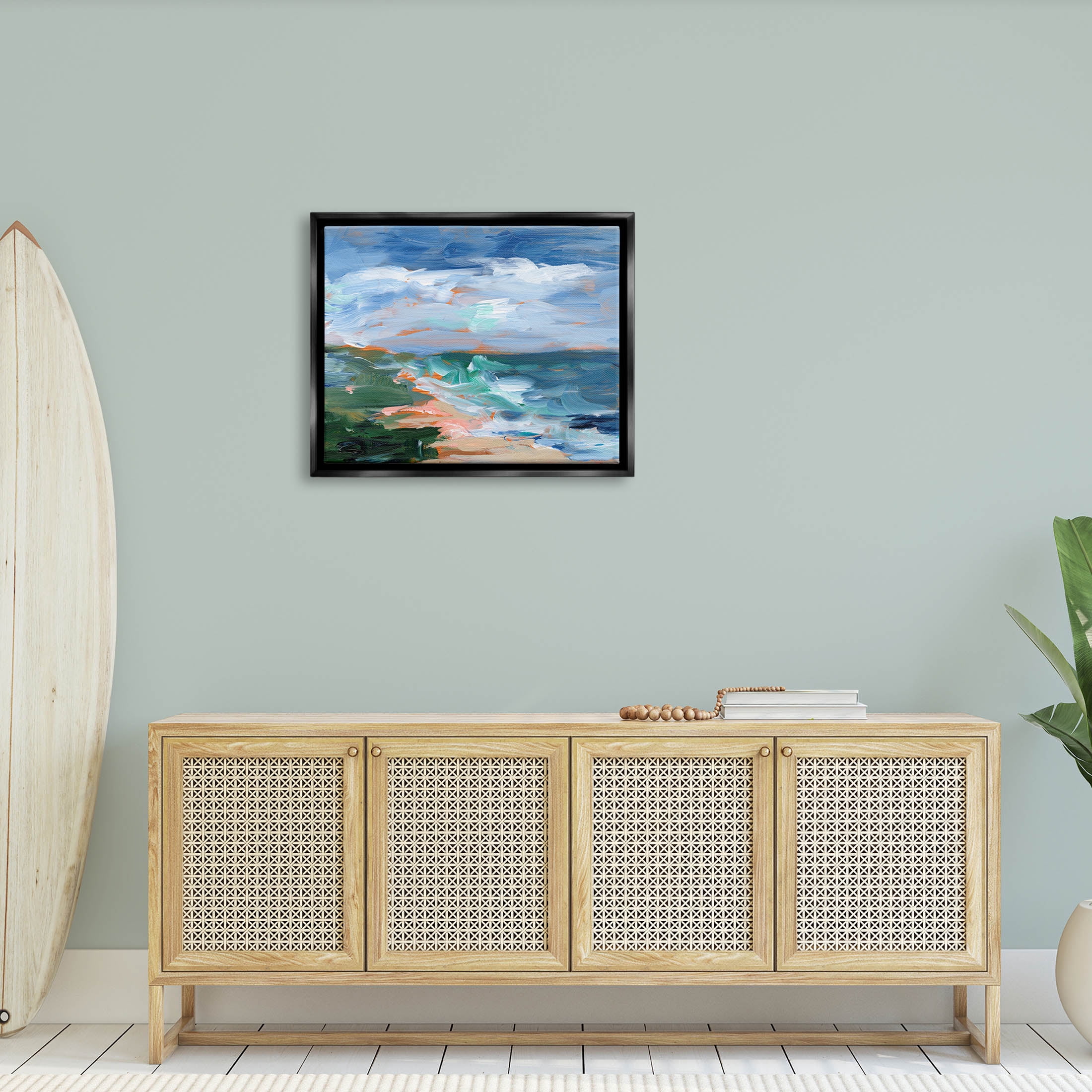 Crashing Beach Waves Abstract Scene Landscape Painting Jet Black Framed Art Print Wall Art