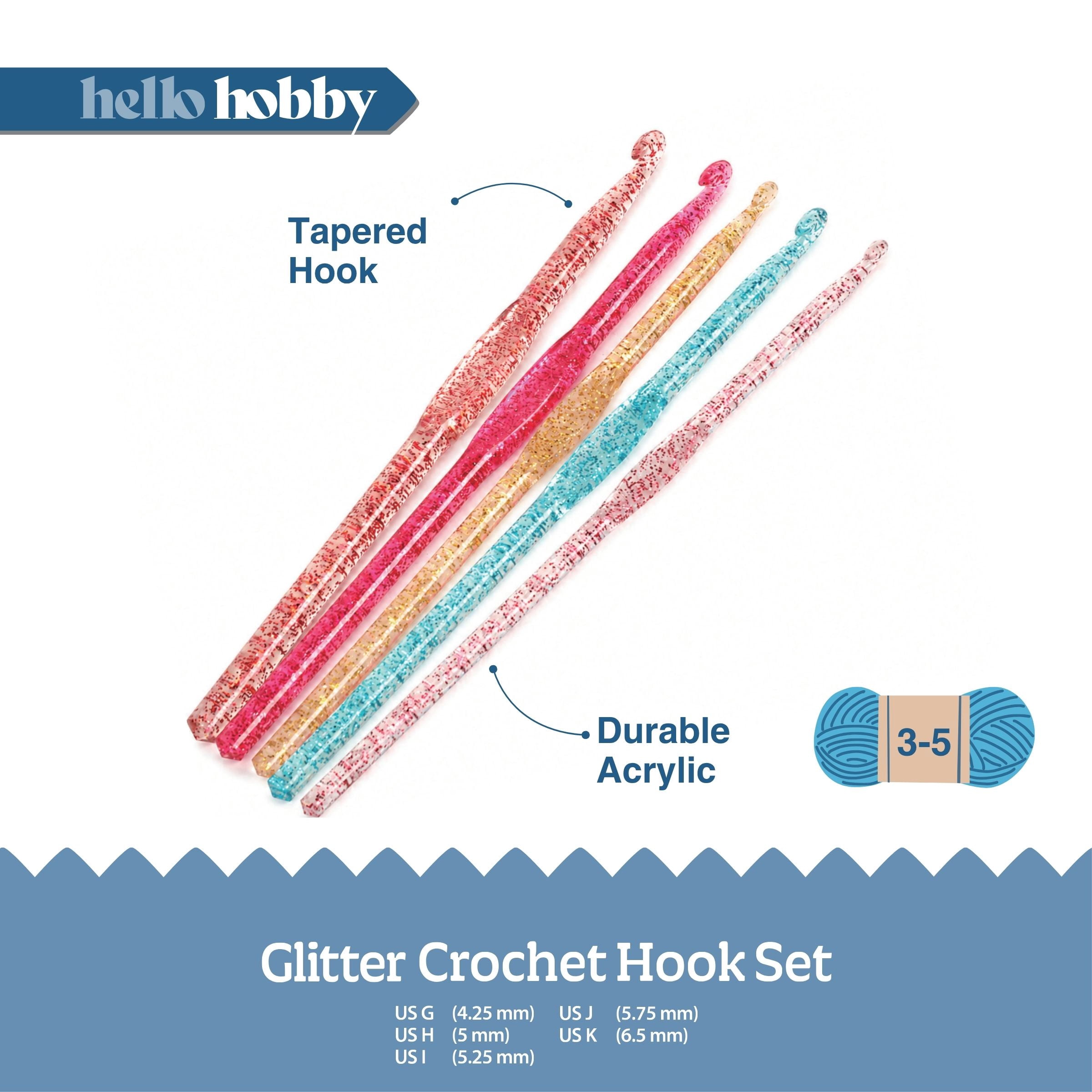 Hello Hobby Glitter Acrylic Crochet Hooks, Sizes G-K, 5-Piece Set