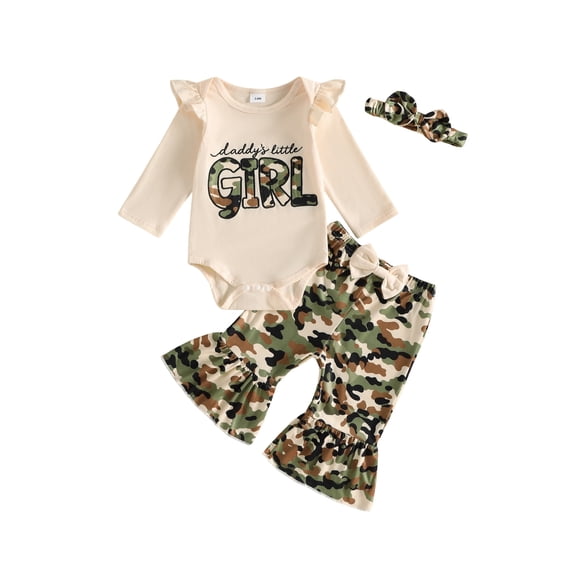 Cjfdfy Newborn Baby Firl Fall Outfit Daddy's Little Girl Print Long Sleeve Ruffle Romper Camouflage Bell Bottom Pants And Headband Set Little Baby Cute Hunting Fall Winter Outfit 0-18M