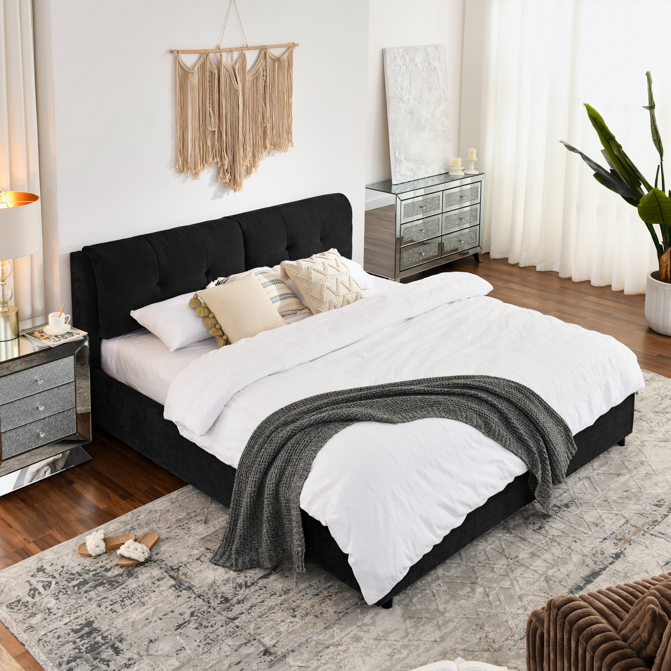 Noble House Gerret King Size Chenille Storage Platform Bed, Hydraulic Bed Frame with Hidden Underbed Drawer, Black