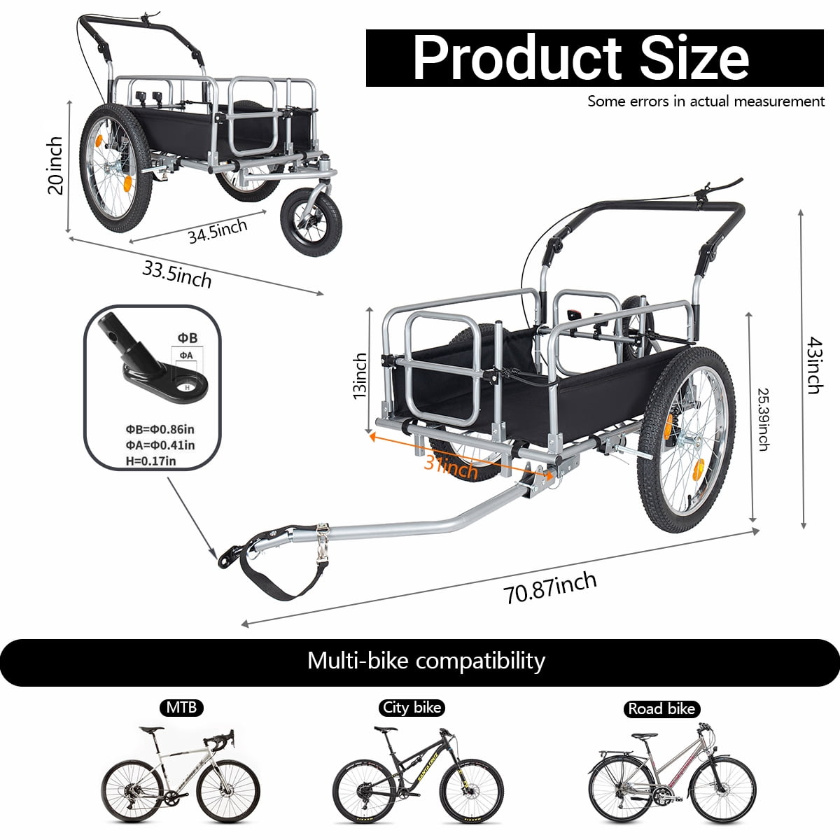 3-in-1 Heavy-Duty Bike Cargo Trailer, Upgraded 20"x2.6" Wide Fat Tires, 150lbs Capacity, Steel Frame, Convertible Stroller & Pull Cart w/Suspension