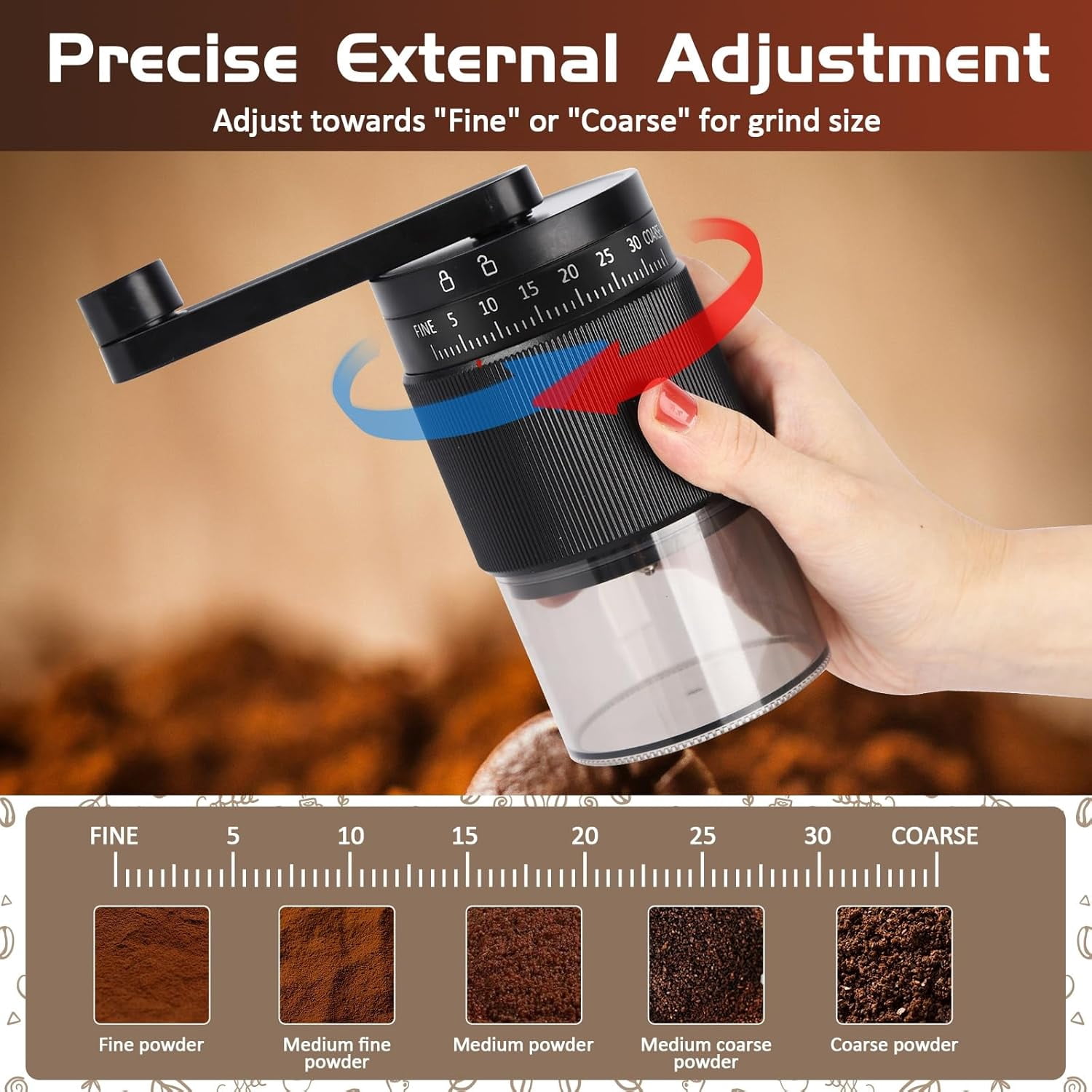 Manual Coffee Grinder - 95 Ceramic Burr, Adjustable Coarse to Fine, 30g Beans & 80ml Powder, Detachable Handle for Espresso, French Press, Camping (Black)