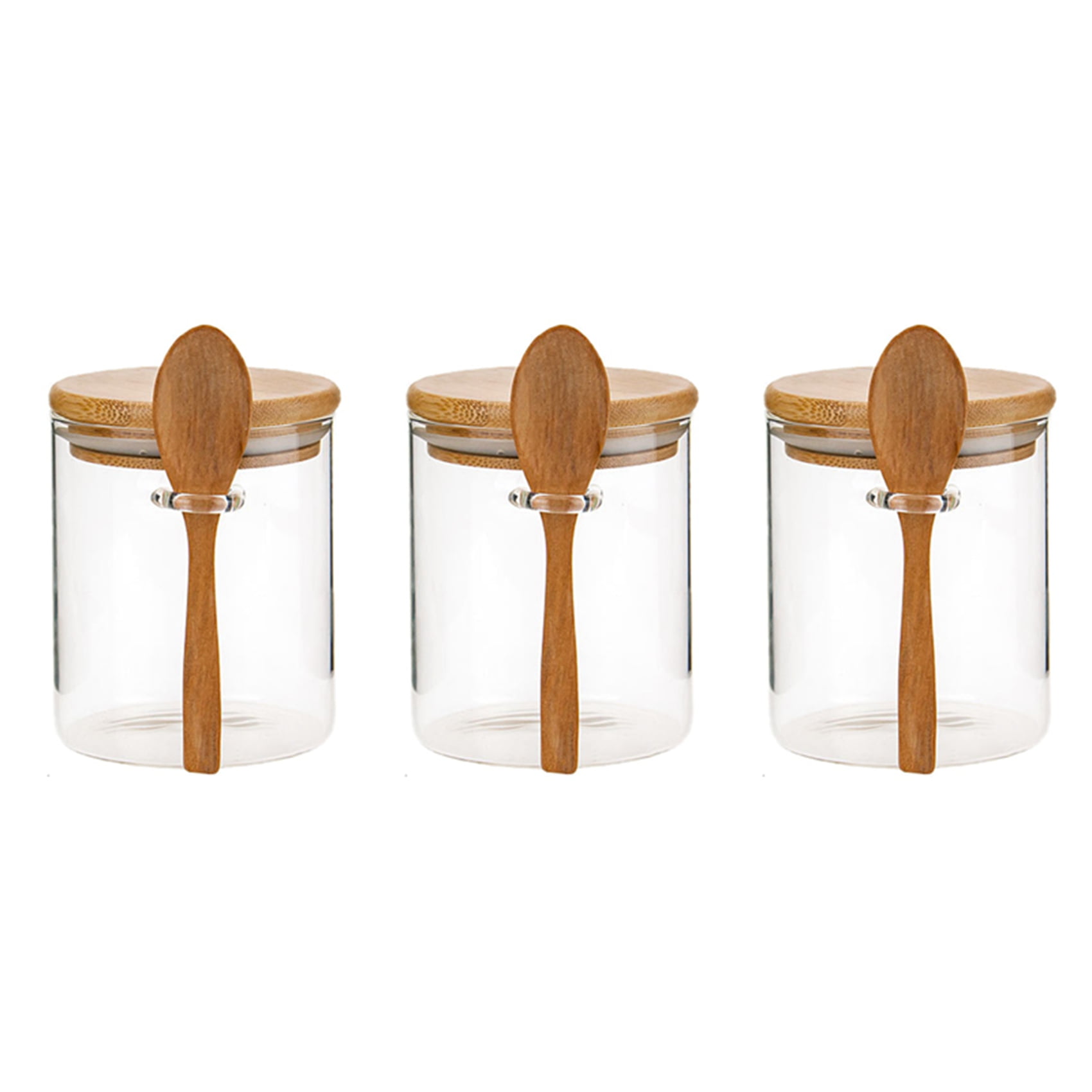 CLEAR rOund GLASS 8 oz JAR pear Wood Spoon wooden Cork Stopper Storage container 