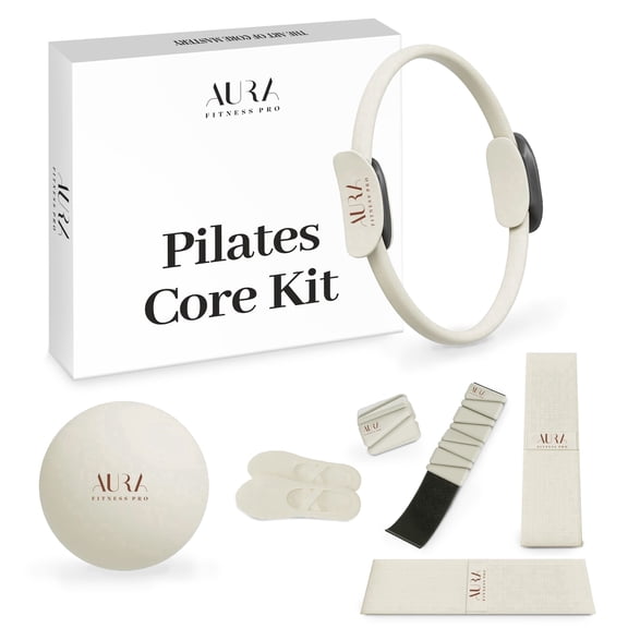 AURA Fitness Pro Pilates Kit for At-Home Workouts with Magic Circle Ring Ball 1lb Ankle/Wrist Weights Resistance Bands & Grip Socks for Full-Body Toning Core Strength Home Gym Travel Size