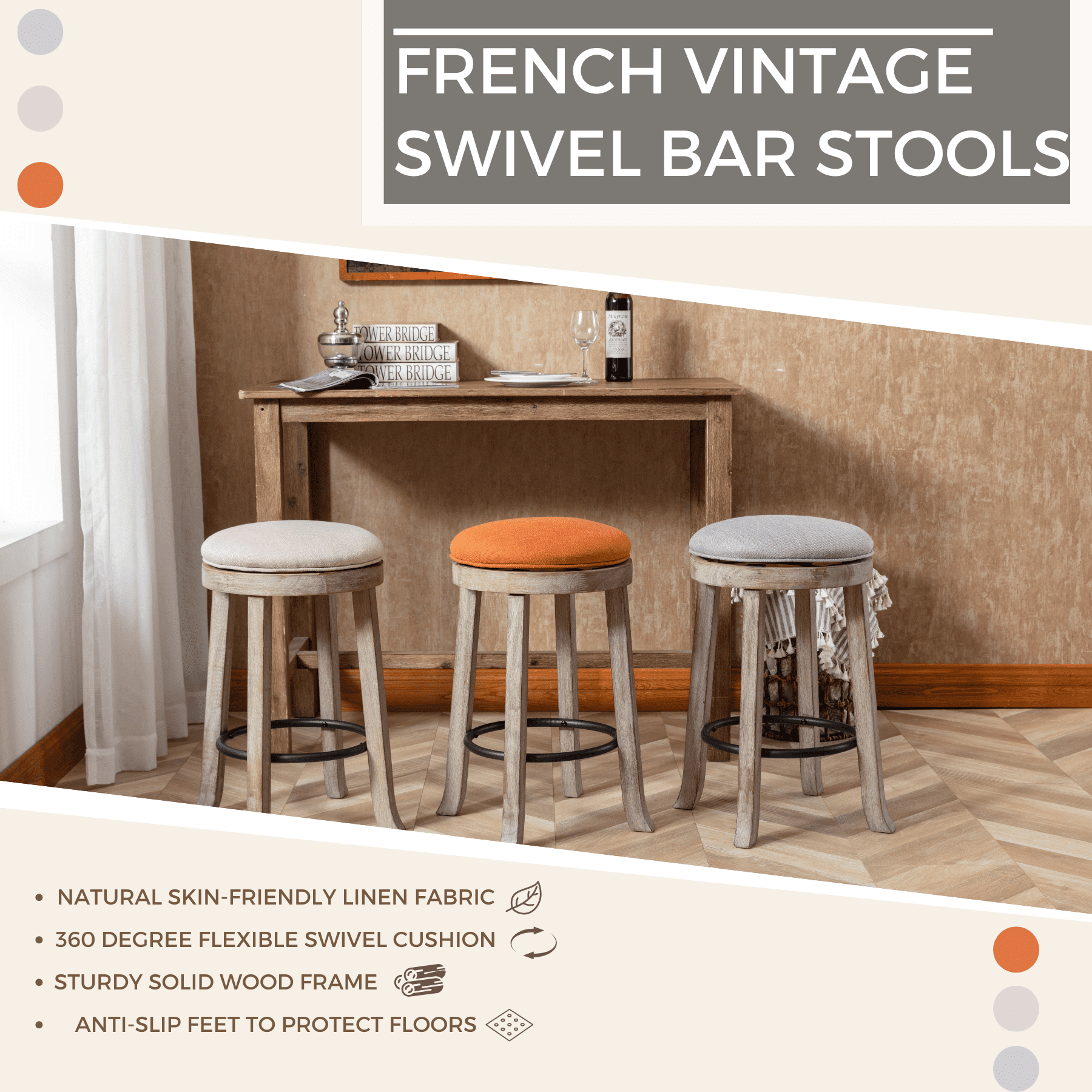 Dayalane Farmhouse 360° Swivel Bar Stools Set of 2, 25.6" Counter Height Round Linen Barstools with Wood Legs and Footrest, Backless Kitchen Island Chairs for Dining Room, Pub, Coffee Bar,Grey