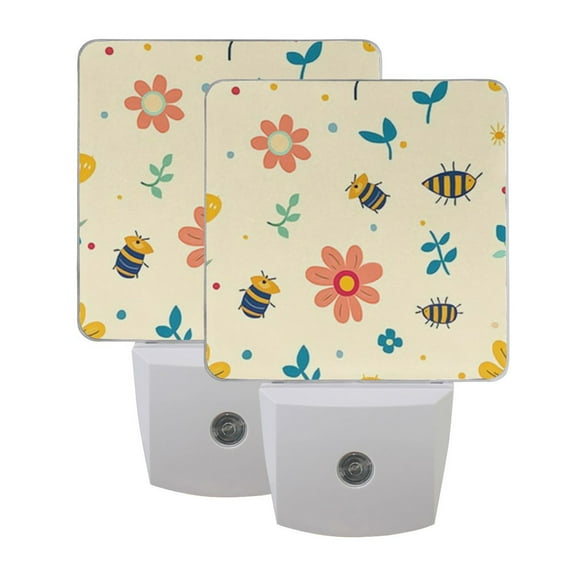 Night Light LED Dusk to Dawn Night Lamp Auto Sensor Plug-in Nightlight for Bedroom Bathroom Nursery Hallway Kitchen Flowers and Bees, 2Pack