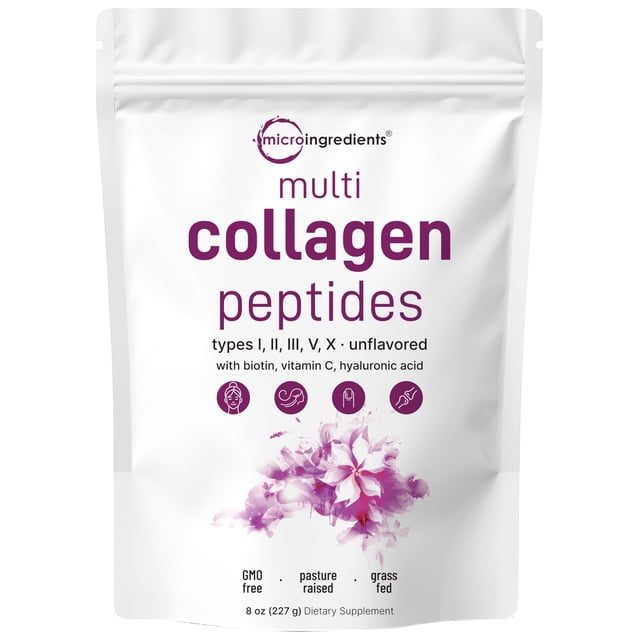 Polvo de péptidos multicolágeno con microingredientes, 226 g | Tipos I, II, III, V, X + biotina, vitamina C y ácido hialurónico | Sin saborizante | Favorece la salud del cabello, la piel y las articul