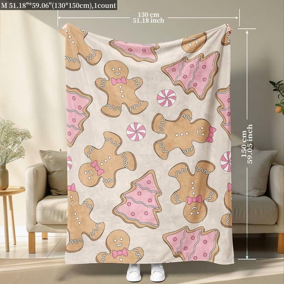 Pink Gingerbread Biscuit Flannel Throw Blanket - All-Season Soft Warm Cooling Bed & Sofa Accessories for Travel Camping Home Decor