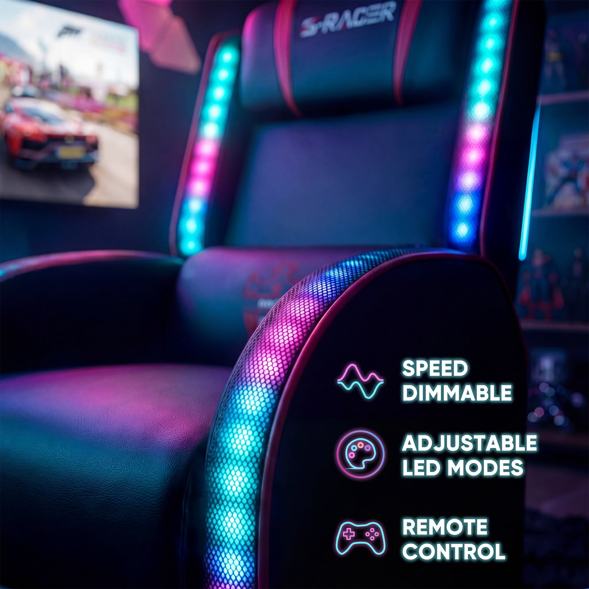 Furmax RGB LED Lights Gaming Massage Recliner Chair Racing Style Single Living Room Sofa Ergonomic Home Theater Seating with Massage Lumbar Support, Red