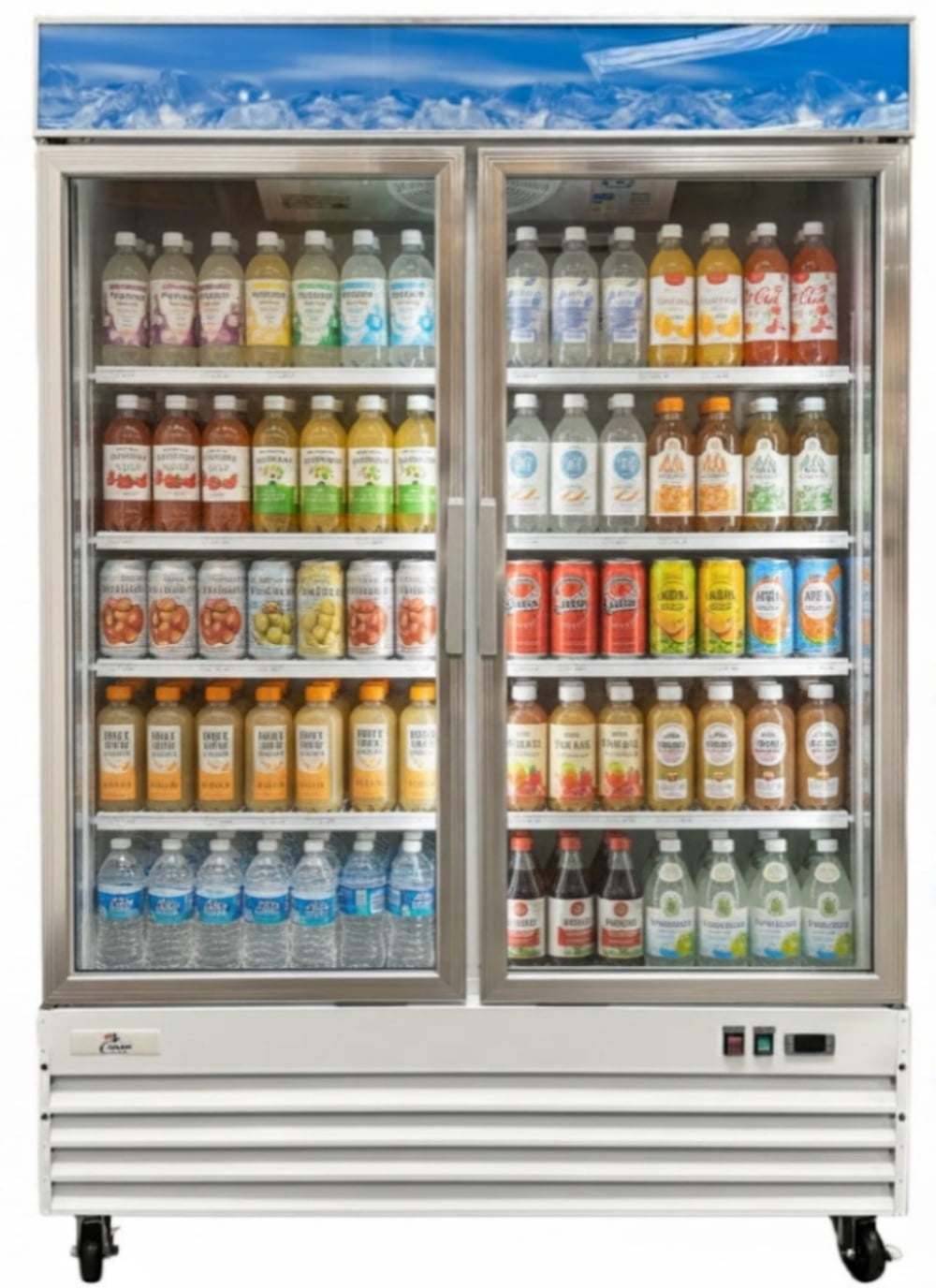 Commercial Reach in Refrigerator, 53" x 33" x 84", 45 Cubic Ft, 2 Glass Door, White Stainless Steel exterior, NSF Certified