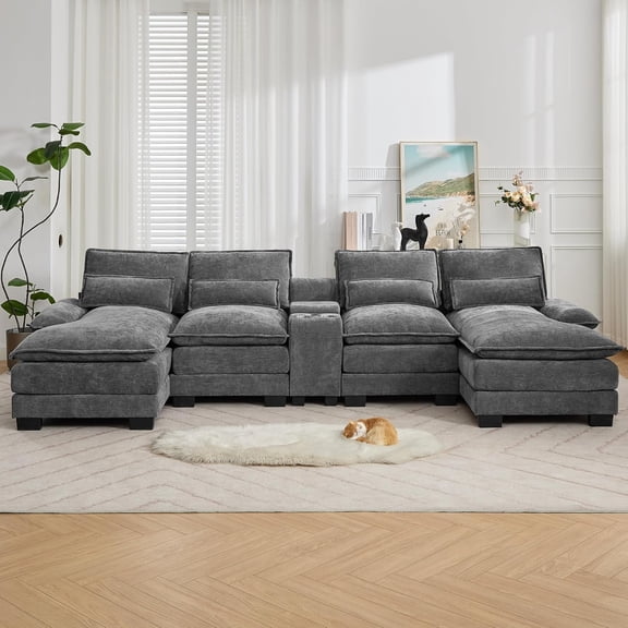 125'' U Shaped Cloud Modular Sectional Sofa with Chaise Lounges, Chenille Upholstered Comfy Couch with Storage Console, USB Charging Ports & Cup Holders, Modern Deep Seat Sofa for Living Room, Grey