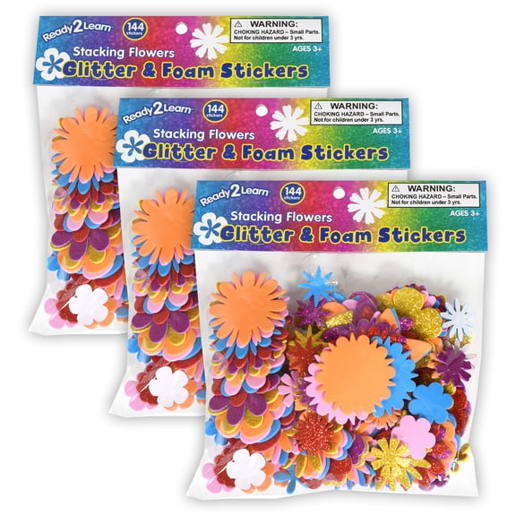 READY 2 LEARN Glitter and Foam Stickers - Stacking Flowers - 144 Per Pack - 3 Packs