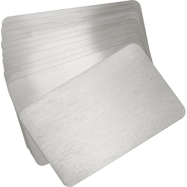 12 tarjetas de presentación de metal de 3,3 x 2 pulgadas y 0,4 mm de grosor, de acero inoxidable, en blanco, grabadas con láser.