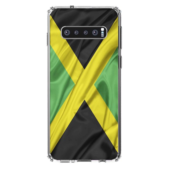 DistinctInk Clear Shockproof Hybrid Case for Samsung Galaxy S10 (6.1" Screen) - TPU Bumper, Acrylic Back, Tempered Glass Screen Protector - Jamaica Waving Flag Black Green Yellow - Jamaica