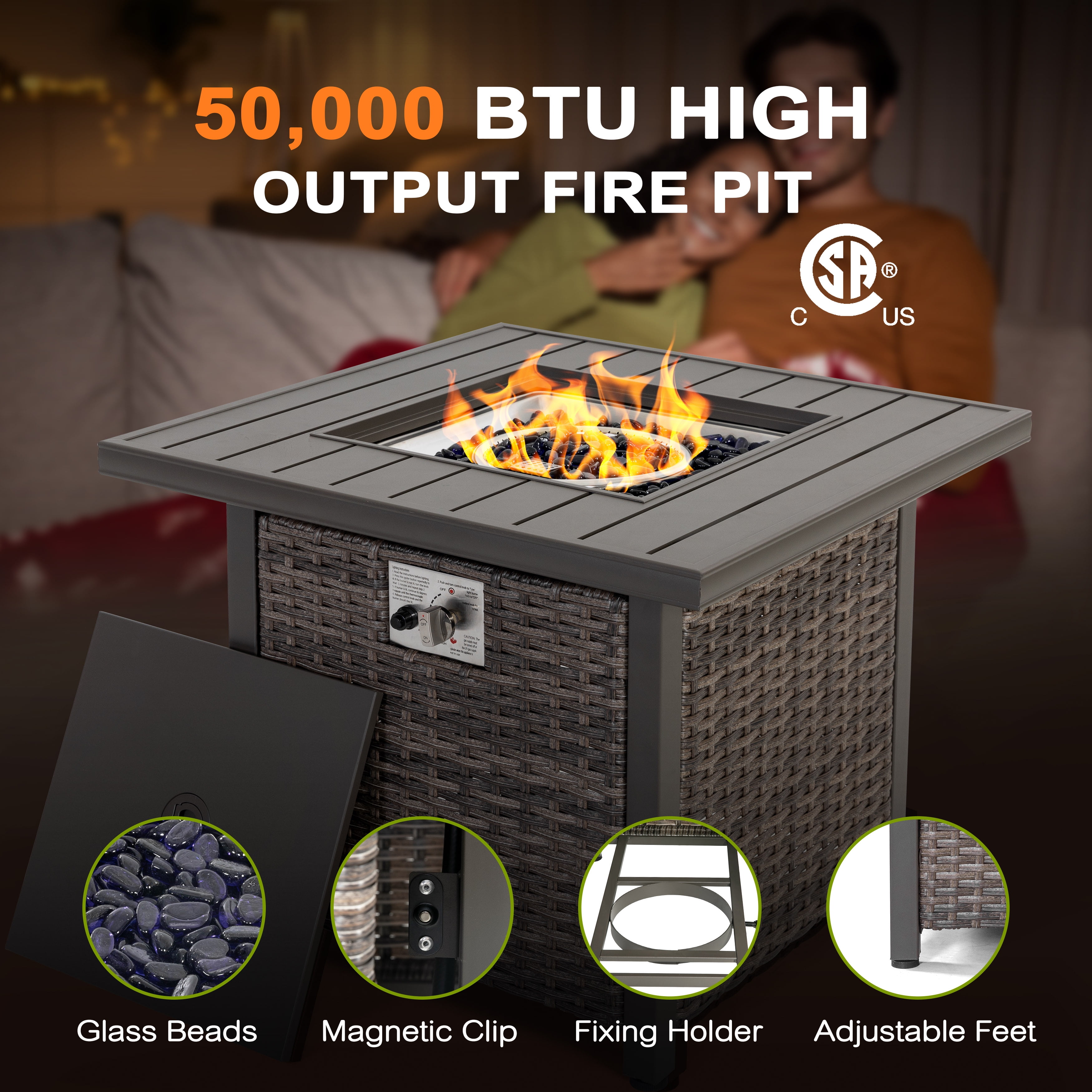 Nuu Garden Square 30" Outdoor Propane Fire Pit Table, 50,000 BTU Gas Fire Pit with Lid, Hand-Woven Wicker, with Glass Beads and CSA Certification