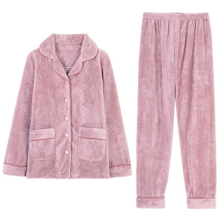 

Women s Fleece Pajama Set Long Sleeve with Long Pants Pjs Set Button Pockets Warm Sleepwear Lounge Thermal Pjs Nightwear Loungewear