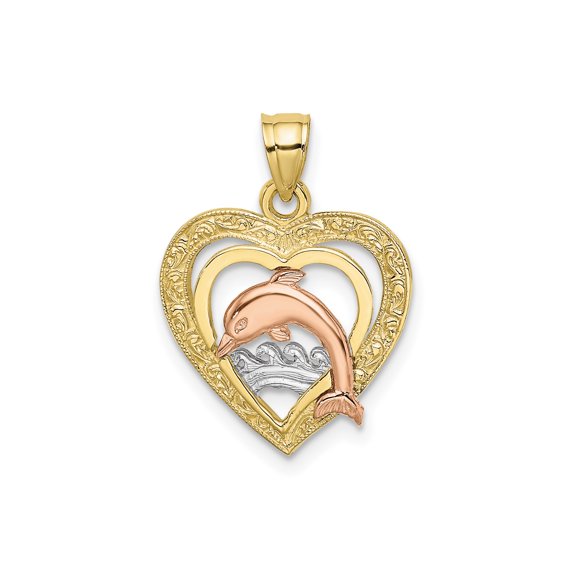 10k Two-Tone Gold Dolphin Pendant for Women, Rose and White Gold Waves in Yellow Gold Heart Frame, Nautical Sea Life Jewelry, Nature Inspired Ocean Charm