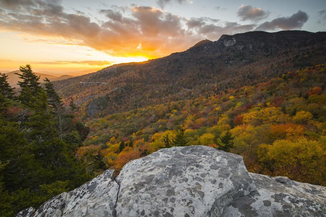 Sunset and autumn color at Grandfather Mountain, located on the Blue