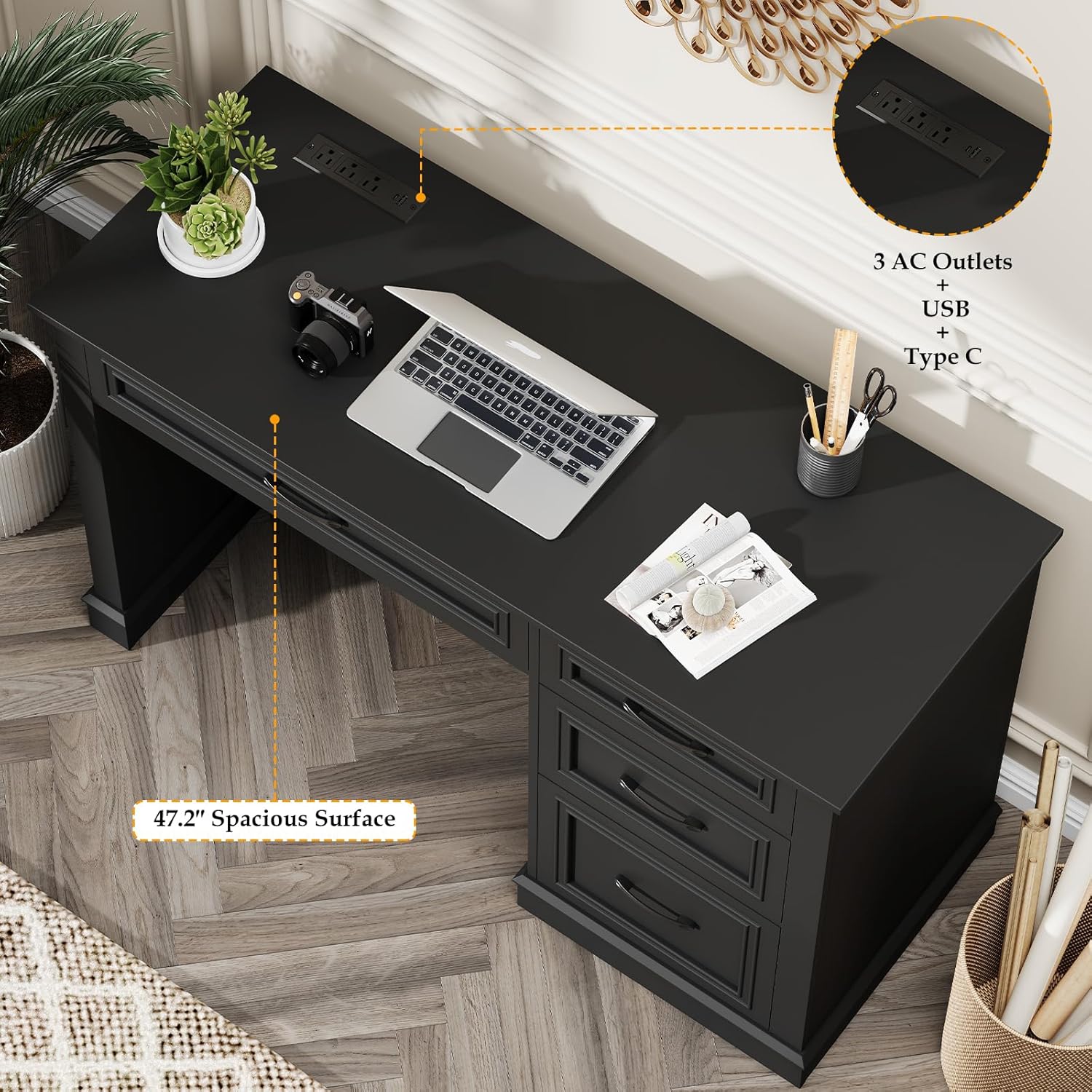 Farmhouse 47" Executive Desk, Computer Desk with Drawers and File Drawer, Workstation Computer Desk with Charging Station for Home Office, Study,Pure Black.