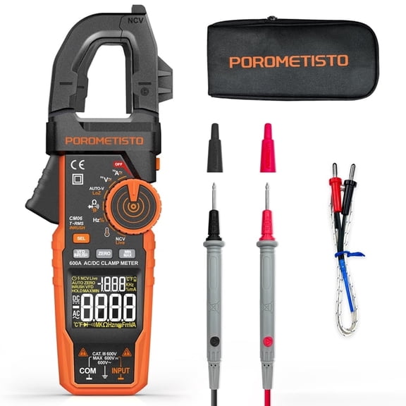 POROMETISTO CM06 True RMS Clamp Meter, 1000A AC/DC Amp Voltage Tester, Auto-Ranging with NCV, LoZ, Inrush & Temp Test, CAT III 600V Safety Rating
