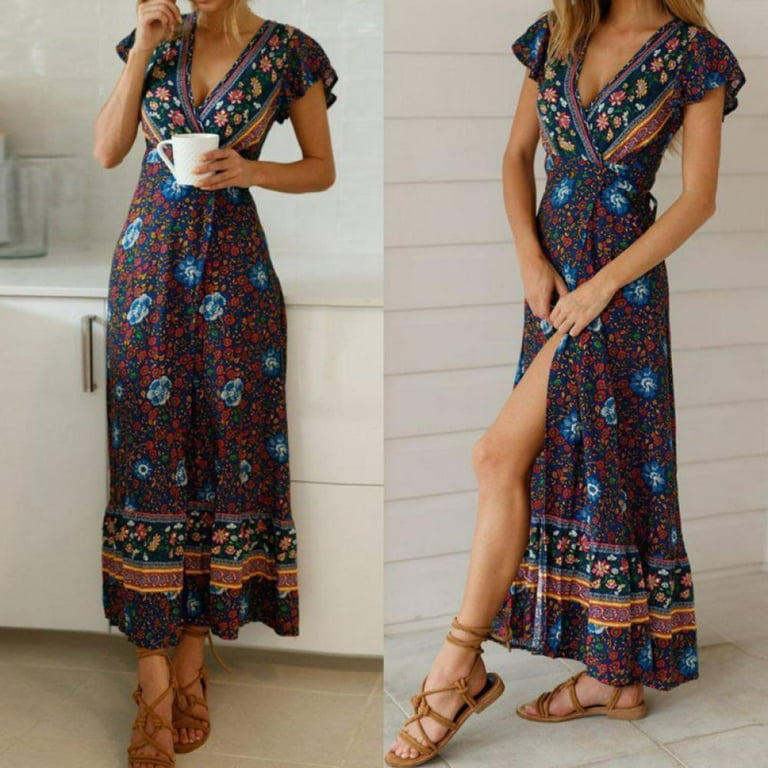 クラシック Bohemian Women's Floral Sleeve Short Neck V Wrap Printed Clothing