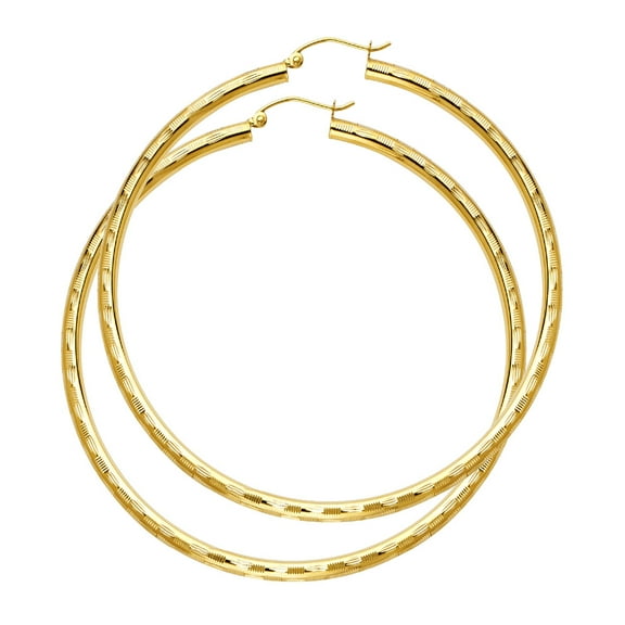 14k Yellow Gold Big Large Round Hoop Earrings Diamond Cut Fashion Polished Finish Genuine 65mm x 3mm