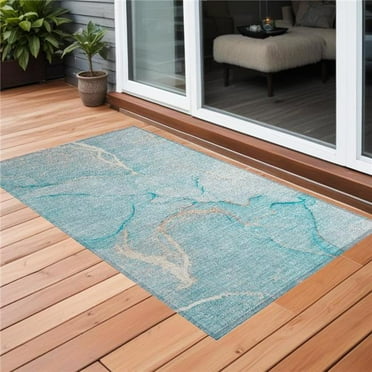 HomeRoots 559902 2 x 3 ft. Teal Abstract Washable Non Skid Indoor Outdoor Rectangle Machine Woven Area Rug