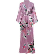 Women's Kimono Robe Long Robes with Peacock and Blossoms Printed Kimono Nightgown 53 inches Long