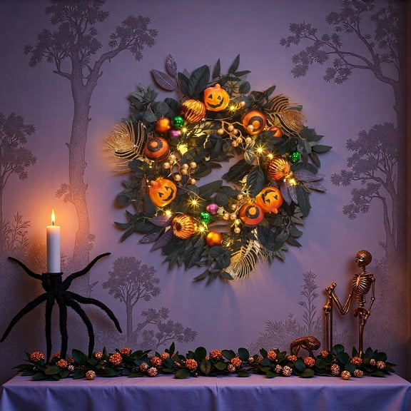Halloween Door Wreath with Lights, 20 in Pre-Lit Pumpkin Wreath for Front Door with Timer 20 LED Lights Black Leaves, Light Up Halloween Decorations for Indoor Outdoor Porch
