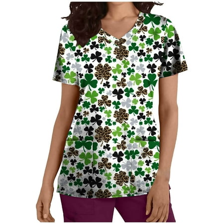 

Women s St Patrick s Day Scrub Top Casual V Neck Green Pattern Graphic Loose Fit Short Sleeve Blouses Tops with Pockets
