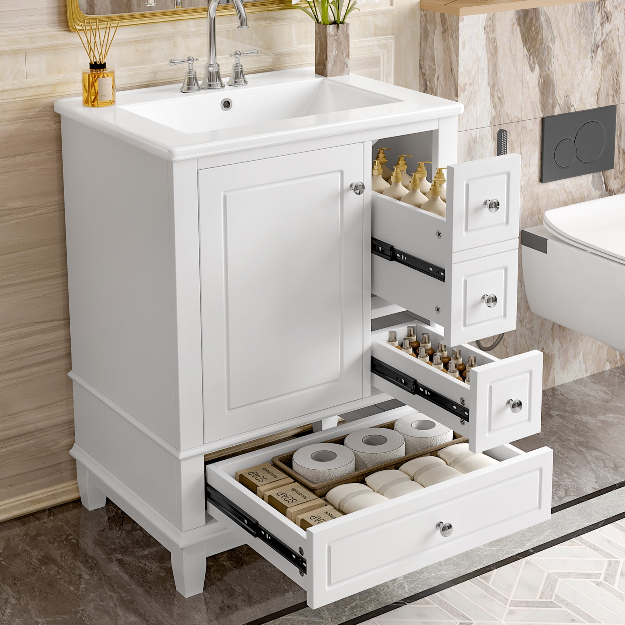 Euroco 24” Bathroom Vanity with Sink Combo, Freestanding Cabinet with 3 Drawers and Side Storage,MDF & Poplar Wood, Ceramic Top with Integrated Sink