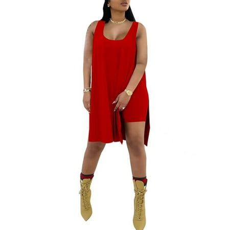 

Frontwalk Women Casual Solid Color Pajamas Slit 2 Piece Outfits Nightwear Scoop Neck Daily Wear Jogger Set