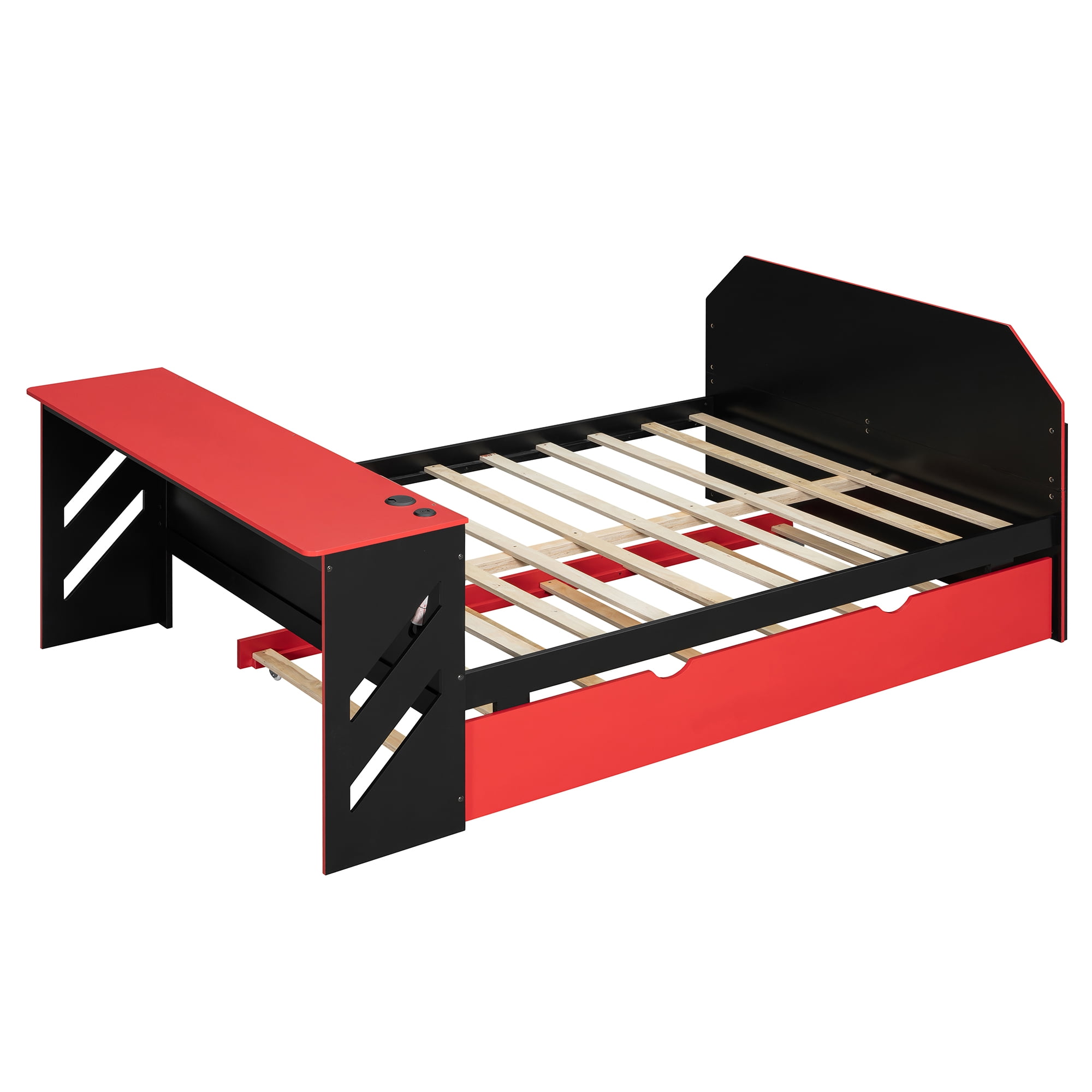 Mintazer Full Size Gaming Daybed with Pull-Out Twin Size Trundle & Desk, Platform Bed Frame with USB for Bedroom Dorm, Black & Red