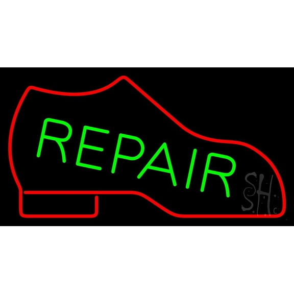 Red Boot Green Repair LED Neon Sign 13 x 24 - inches, Black Square Cut Acrylic Backing, with Dimmer - Bright and Premium built indoor LED Neon Sign for store interior Décor, Storefront.