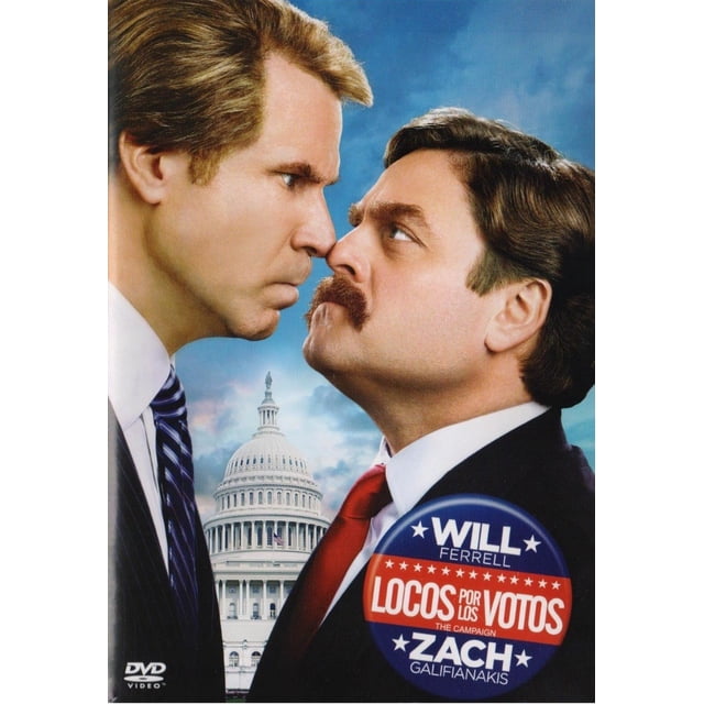 locos por lo votos will ferrell pelicula dvd portada frontal con Will Ferrell y Zach Galifianakis enfrentados en primer plano, Capitolio al fondo y sello redondo azul y rojo con el título y nombres de actores; formato DVD, comedia de 2012, duración 85 min, audio en inglés y subtítulos en español e inglés. Su tamaño compacto lo hace adecuado para colecciones domésticas y estanterías de películas.
