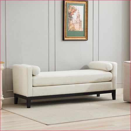 Upholstered Bench 66.34"W Elegant Fluted Wood with 2 Bolsters for End of Bed, Living Room | Ivory | Boucle