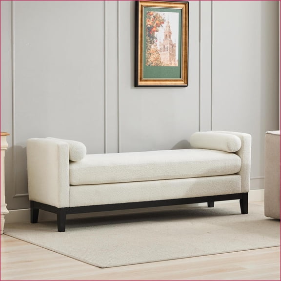 Upholstered Bench 66.34"W Elegant Fluted Wood with 2 Bolsters for End of Bed, Living Room | Ivory | Boucle