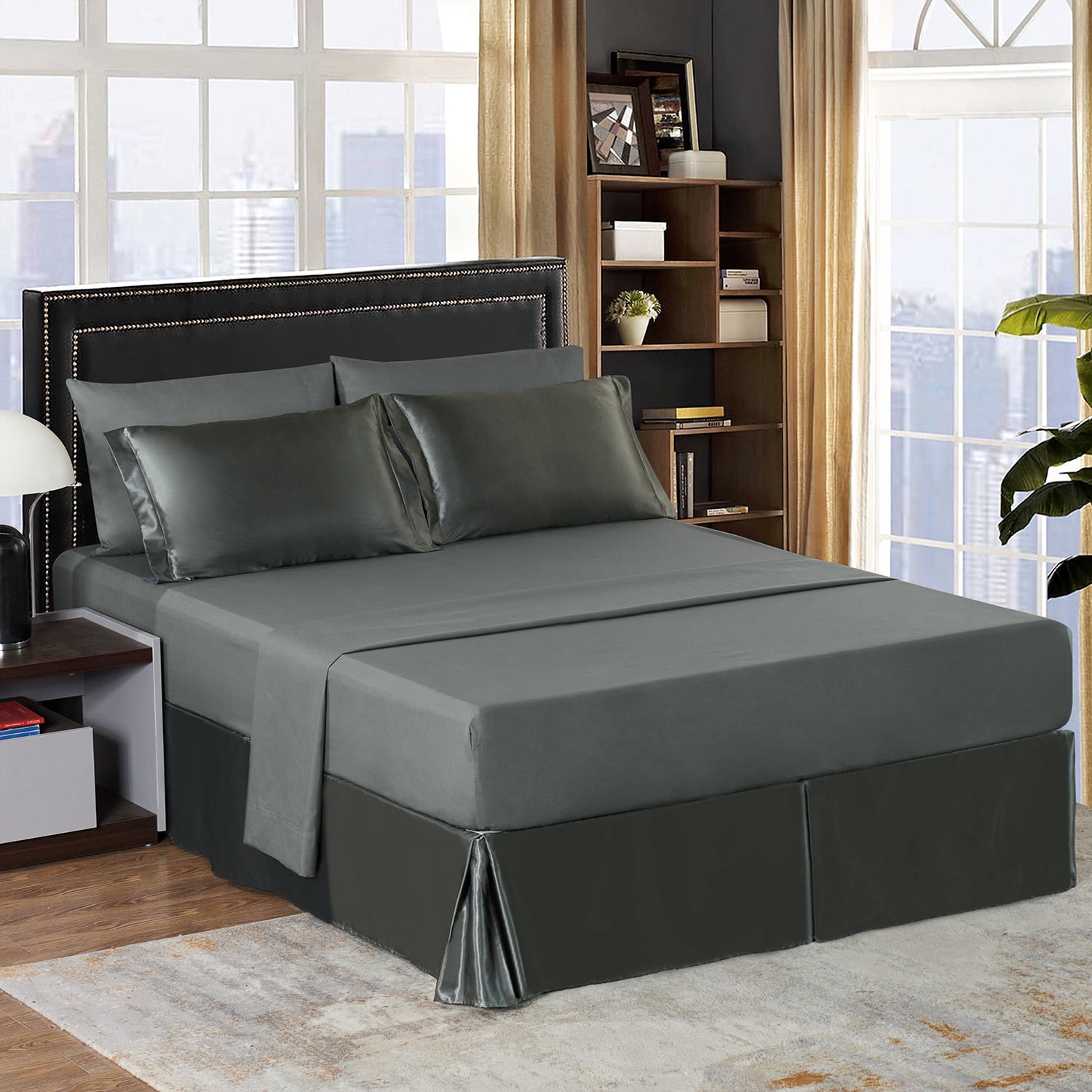 JML 6 Piece Silky Satin Bed in a Bag Comforter Set with Sheets,Twin, Dark Grey
