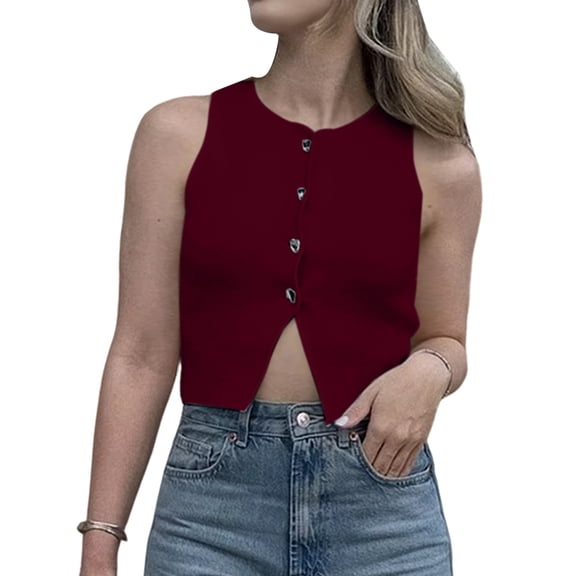 Womens Sleeveless Cropped Sweater Vest Summer Trendy Knit Crop Tank Tops Crewneck Button Y2K Going Out Top Wine Red S