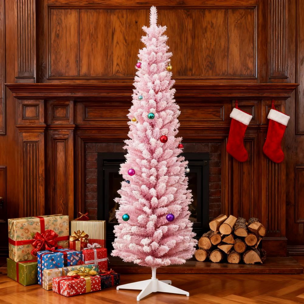 Snow Flocked Artificial Christmas Tree, Decorated Christmas Tree with Pencil Shape, Realistic Branches