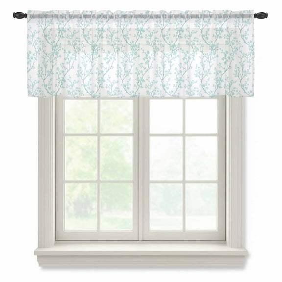Aqua Spring Floral Valance Curtains for Kitchen/Living Room/Bathroom/Bedroom Window, Rod Pocket Small Topper Half Short Window Curtains Voile Sheer Scarf, Summer Botanical Watercolor 60"x18"