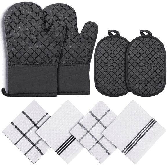 SUGARDAY Oven Mitts Kitchen Towels Dishcloths with Pot Holders Sets 8PCS, Dish Towels Sets Oven Gloves Pot Pads for Kitchen Heat Resistant with Non-Slip Silicone Surface for Baking Cooking Black