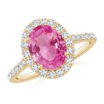Angara Rings - Natural 1.9 ct Pink Sapphire Halo Ring with Diamonds in 14K Yellow Gold for Women (Size-9x7mm) | September Birthstone Jewelry, Birthday, Anniversary, Jewelry Gift for Women